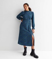 New Look Blue Floral High Neck Long Puff Sleeve Midi Dress